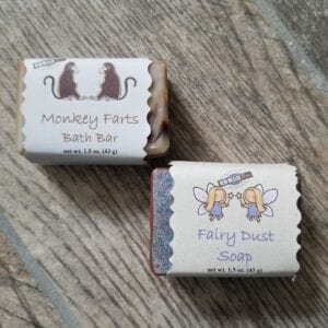 Mini bars of Monkey Farts and Fairy Dust soaps by Made to Lather