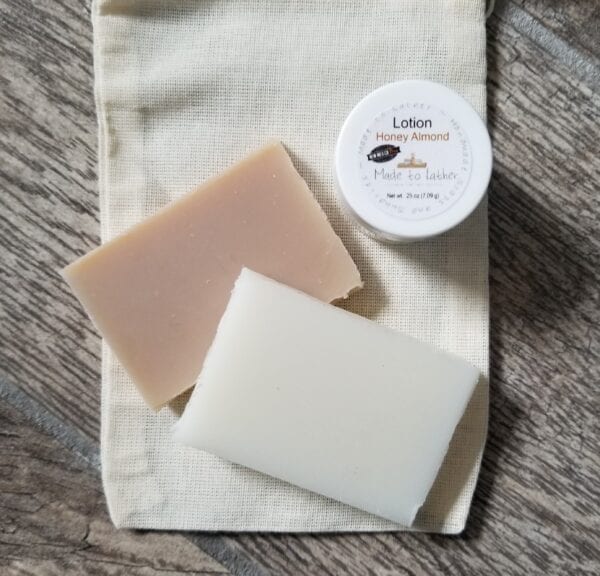 2 sample soaps and sample lotion by made to lather