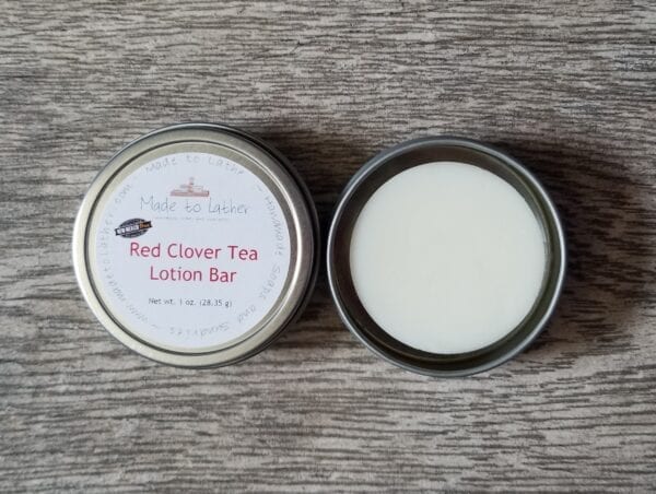 made to lather red clover tea lotion bar ina tin