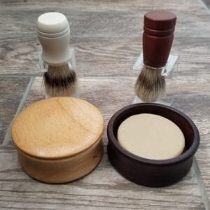 two shaving bowl and two shaving brushes by made to lather