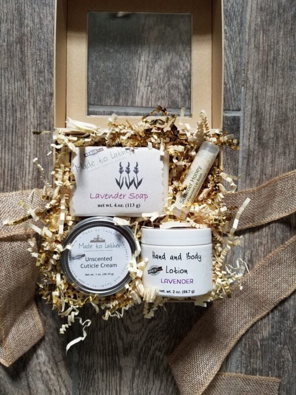 NM True Gift Box #4 by made to lather, contains soap, lotion, lip balm and cuticle cream
