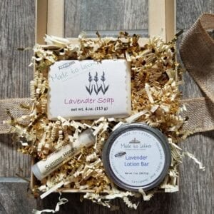 gift box containing one bar soap, one lotion bar and one lip balm by Made to Lather