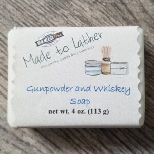 bar of gunpowder and whiskey soap by Made to Lather