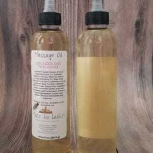 bottle of lavender patchouli massage oil by made to lather