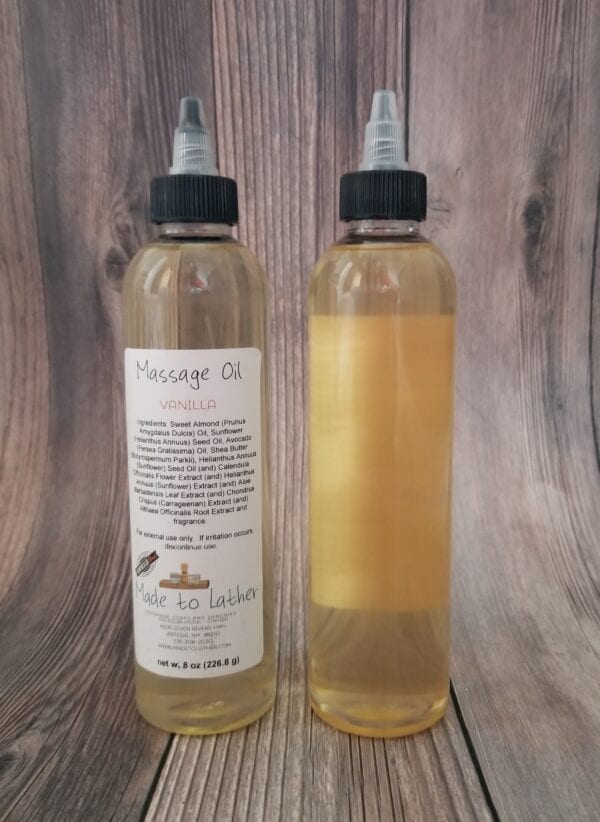 bottle of vanilla massage oil by made to lather